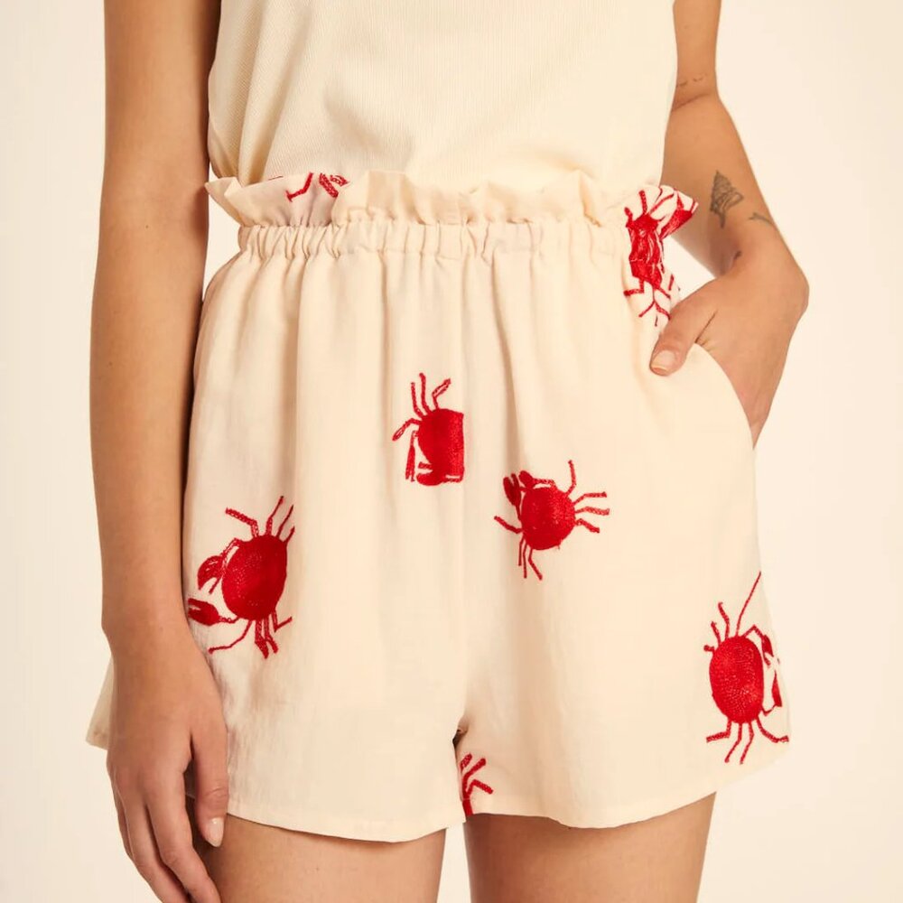 Pepaloves Cream Red Crab Embroidered Shorts Elastic Waist